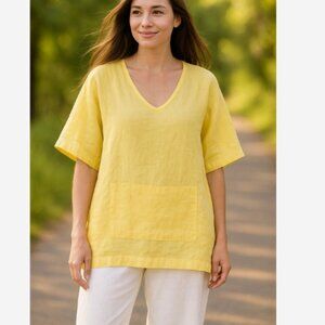 Bryn Walker Tunic Top 100% Linen Women Size XL Lagenlook Oversized Yellow Pocket